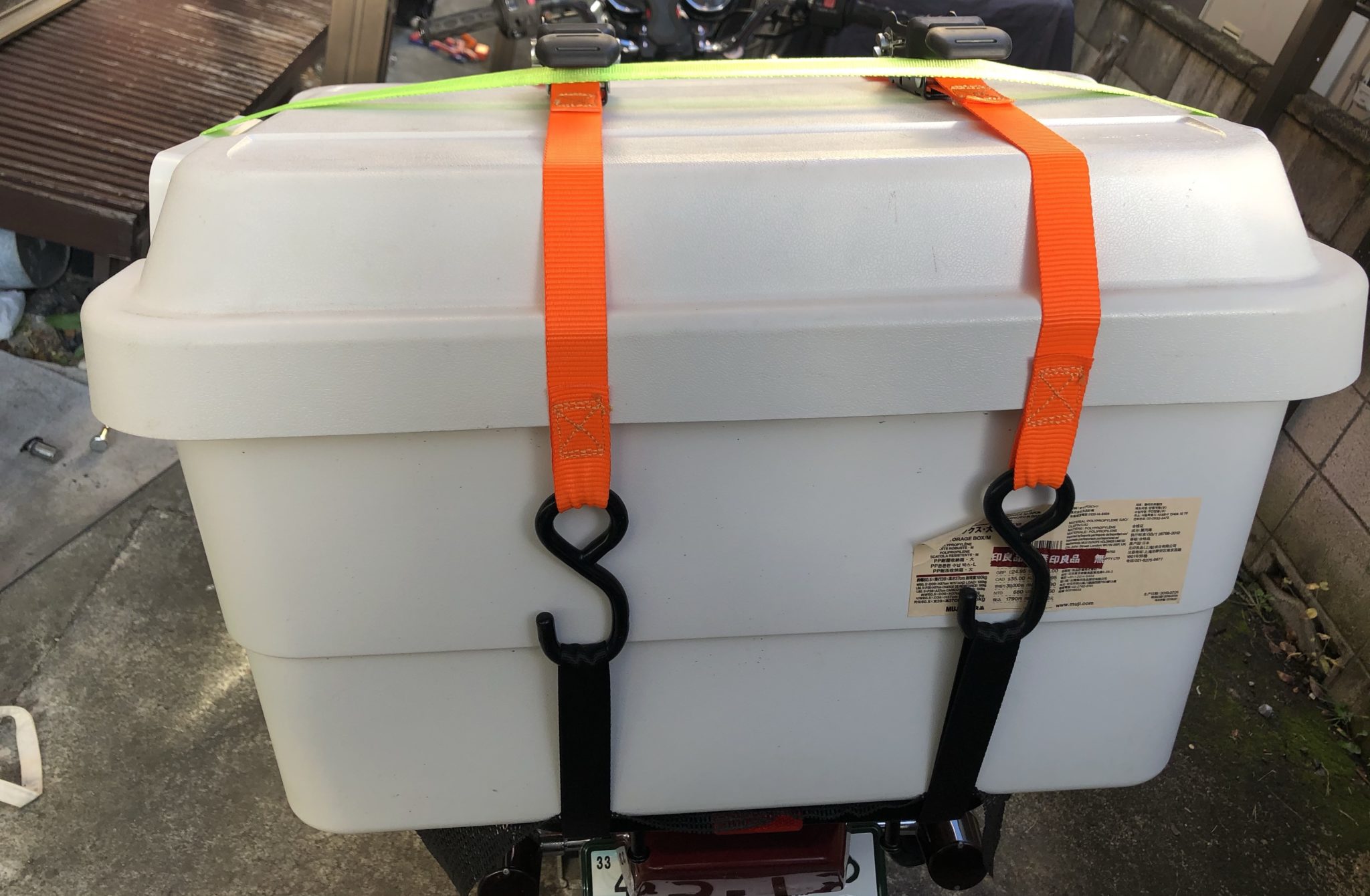 バイク キャンプ道具積載 ホムセン箱 Tエブリログ